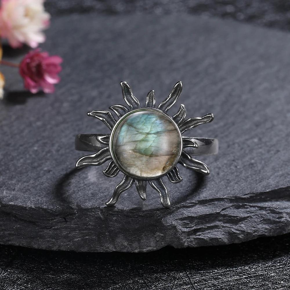 Round 10mm Labradorite Rings for Women Vintage Ring Finger Ring Retro Rings Jewelry Party Gift