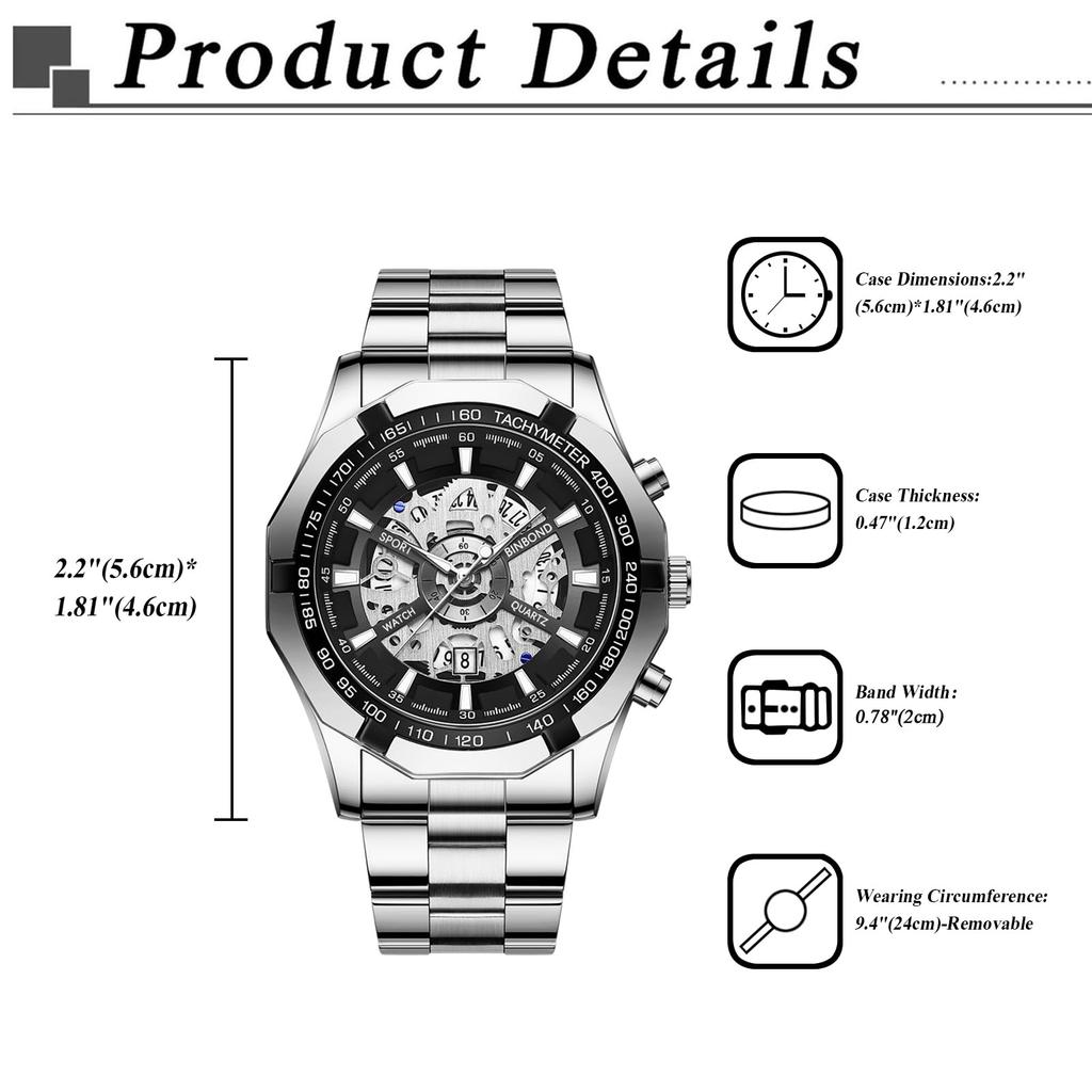 Скелетон Стильные 3ATM Водонепроницаемые Светящиеся Аналоговые Часы Календарь Ремешок Из Нержавеющей Стали Модные Часы Подарок На День Рождения Рождественский День Мужские Часы Мужские