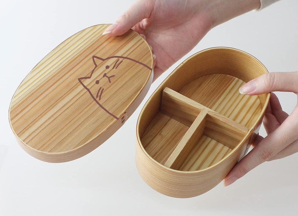 Fujishiro Kogei Магэваппа Овальный Ланч-бокс, Дизайн «Кошка», Сделано в Японии (470ml (натуральный) Кошачий Дизайн)