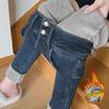 High Waist Plush Jeans for Women - Elastic Slim Fit, Double Buckle, Thick, Warm, Nine-Point Blue-Gray Pants for Autumn and Winter.