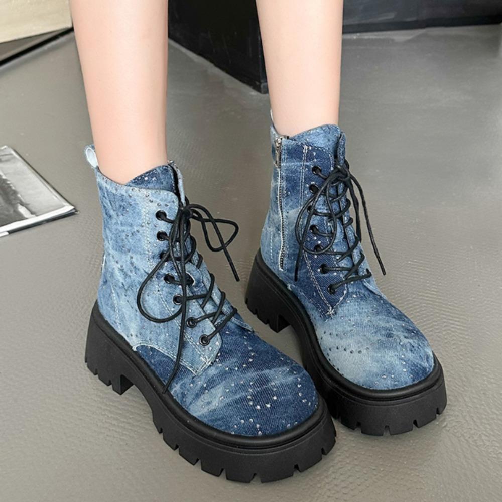 Модные женские ботильоны из денима на платформе с кристаллами и толстым каблуком, короткие женские ботинки с толстой подошвой, нескользящие, мотоциклетные ботинки для женщин