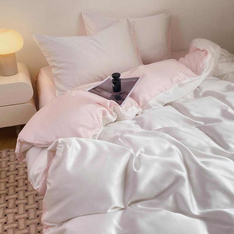 Летний однотонный комплект из четырех предметов из ледяного шелка, прохладный на ощупь, простыня, пододеяльник, комплект постельного белья из трех предметов для общежития, удобное постельное белье