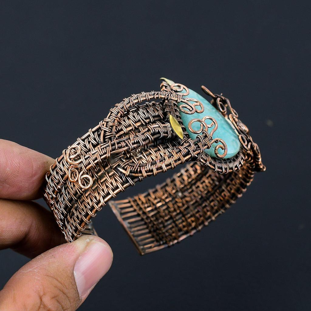 Amazonite Gemstone Handmade Copper Wire Wrap Jewelry Adjustable Bracelet For Women