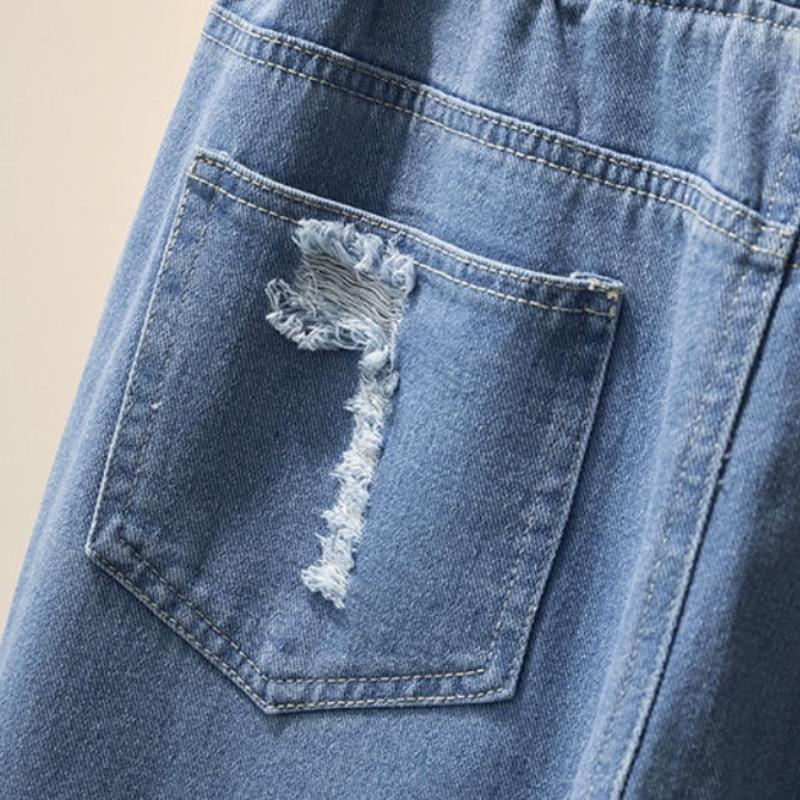 Spring and Autumn Korean Style Loose Elastic Waist Jeans Women Embroidered High Waist College Style Harlan Straight Pants