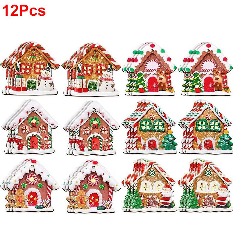 12 шт. Украшение для рождественской елки, подвеска в виде пряничного домика, деревянная многоэлементная подвесная веревка, праздничный подарок в виде деревянного домика
