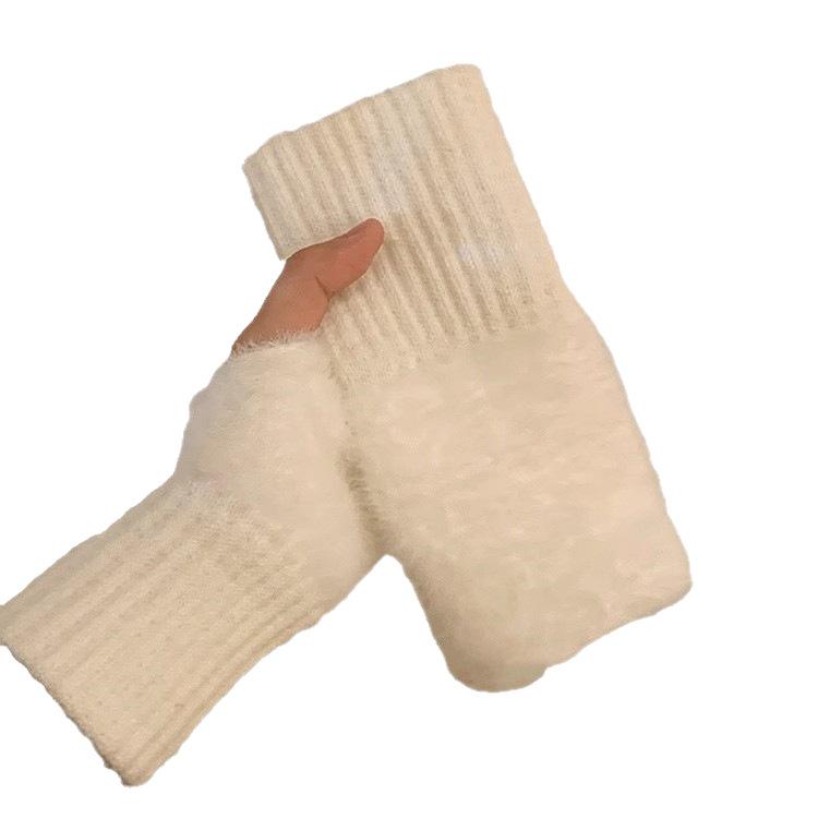 Мягкие зимние перчатки с половиной пальцев женские теплые роскошные однотонные белые плюшевые вязаные перчатки без пальцев варежки для письма