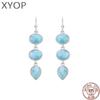 Natural Precious Larimar Long Earrings for Women New Simple Fashion Geometric Charm 925 Sterling Silver Jewelry Gift Classic