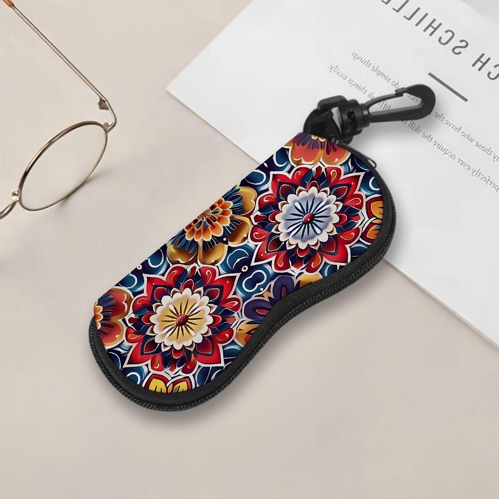 2D-Boho Floral Pattern Zipper Sunglasses Case, Vintage Mandala Print Eyeglasses Storage Box, Portable Protective Eyewear Container for Travel Women