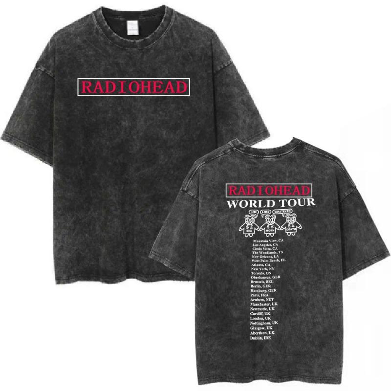 Radiohead Band OK Computer Retro Washed T-shirt women's and Fashion Hip Hop T-shirt 100% Cotton Casual T-shirt