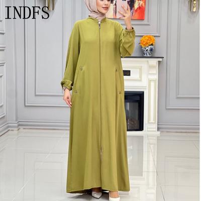 INDFS Женская мода весна осень однотонный принт длинный рукав стойка воротник свободная талия повседневные платья