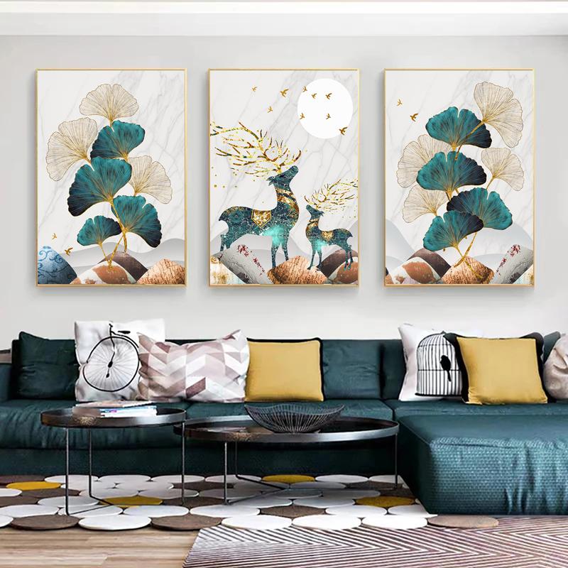 Золотистые, синие листья, птица, олень, постер, холст, картина для гостиной, картина, домашний декор, скандинавский мрамор, абстрактная настенная художественная печать