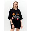 Oversized T-Shirt Black Fast Food Graphic Print With Mcdonalds Style Logo And Trend Upcast Text Casual Streetwear For Women