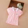 Toddler Girls 2024 New Summer Short Sleeves Kids Clothing Baby Girls' Cartoon Patched Striped Trim Polo Shirt