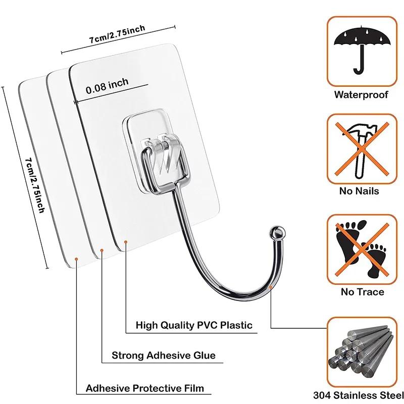 5/10 шт. Большие крючки, прочные, 22 фунта, водонепроницаемые, самоклеящиеся настенные крючки, прозрачные, водонепроницаемые, без гвоздей, для кухни, ванной комнаты