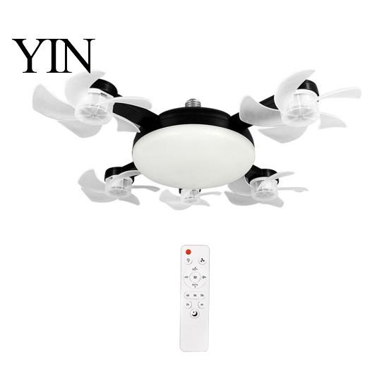 E27 Socket Fan 3/4/5 Blade Ceiling with Light & Remote Control, 2-in-1 Silent LED Drone Compact Ventilation Lamp Foldable Blades, 3-Speed Dimmable for