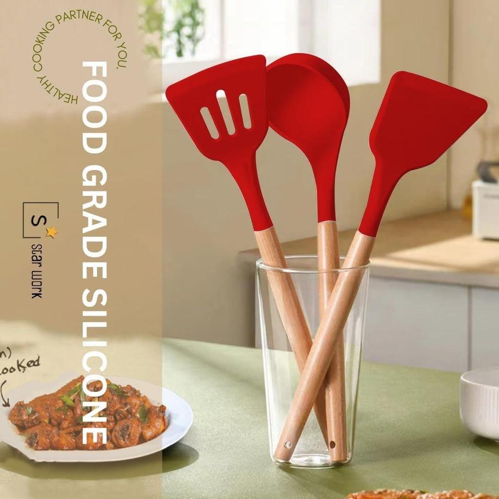 Non-Stick Silicone Cooking Utensils Set, 3 Pcs with Wooden Handle, Heat Resistant Silicone Kitchen Gadgets (Red)