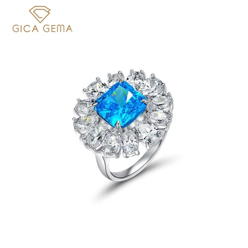 GICA GEMA 100% 925 Sterling Silver Aquamarine 10*10mm Zircons Gemstone Flower Rings For Women Sparkling Party Fine Jewelry