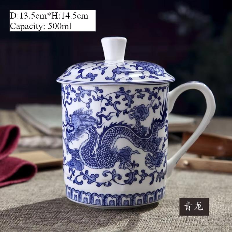 Jingdezhen Blue and White Porcelain Mug 500ml Chinese Dragon with Lid for Office Tea and Coffee