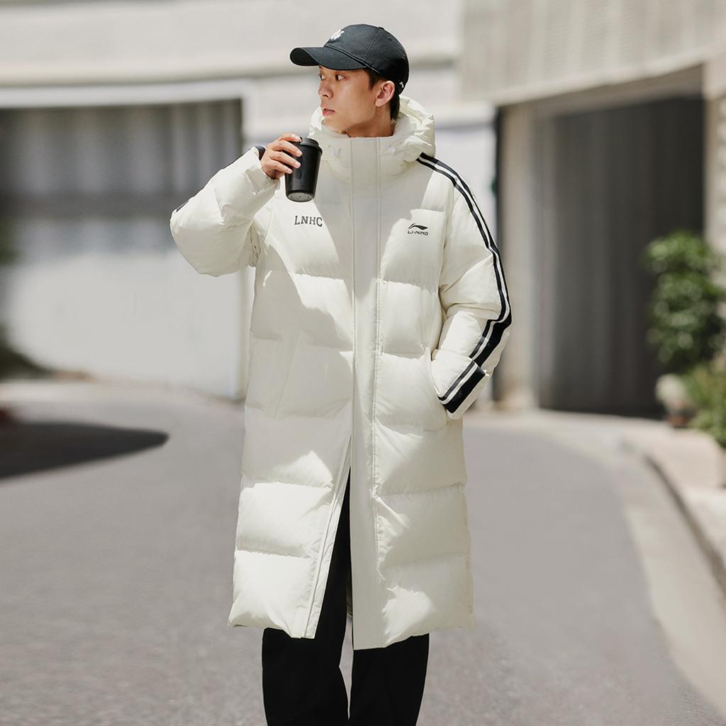 Li Ning Hot Pot Down Series водонепроницаемая дальняя инфракрасная теплая куртка с капюшоном на молнии для улицы, устойчивая к холоду, повседневная длинная зимняя куртка для мужчин AYMU449-2