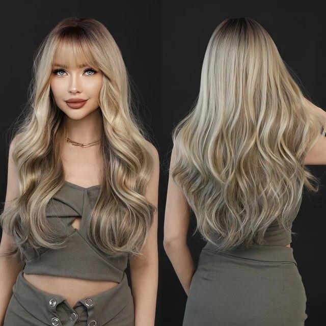Длинный вьющийся коричневый парик Ombre Blonde для женщин, повседневные вечерние синтетические волосы высокой плотности с свободным телом, волнистые медные парики из волос с челкой