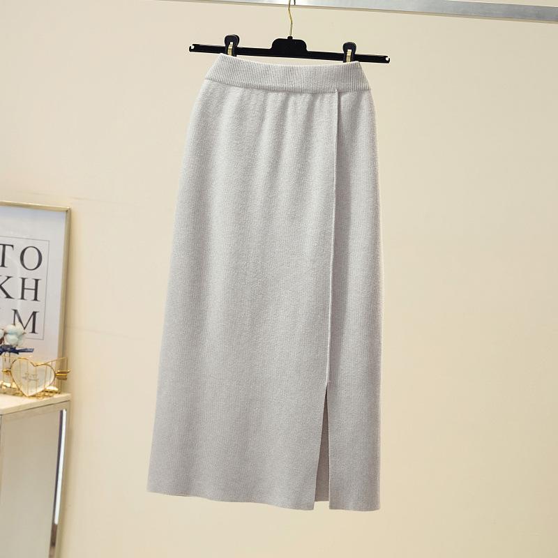 DX~~ Осень и зима, новая однотонная тонкая трикотажная юбка средней длины с высокой талией и юбкой с разрезом на бедрах, пригородная юбка