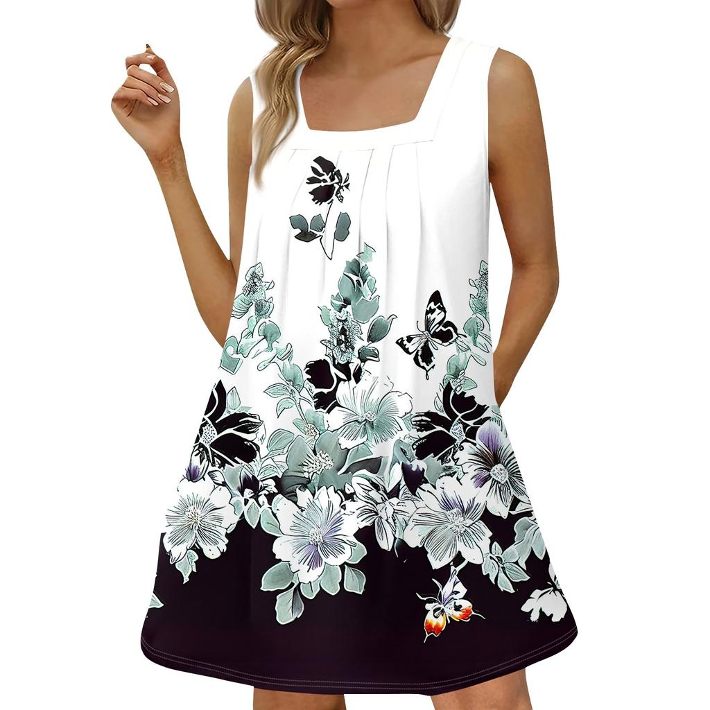 Женское модное повседневное платье без рукавов с квадратным вырезом, плиссированное платье-майка, пляжные платья с принтом