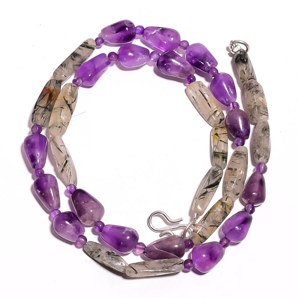 Natural Green Rutile Quartz Amethyst Gemstone Smooth Beads Necklace 17" UB-3050 UB-3050