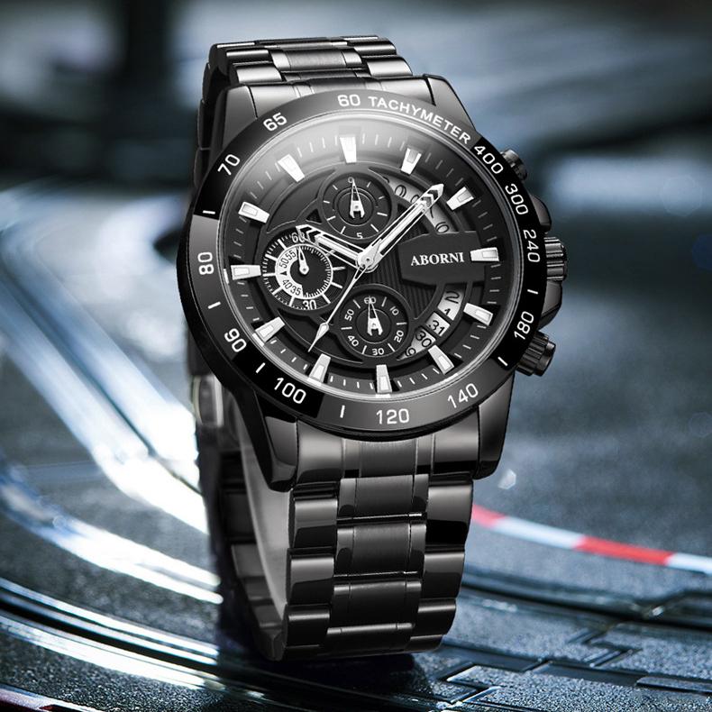 ABORNI WATCH Мужские деловые светящиеся в темноте водонепроницаемые стальные мужские часы с хронографом Кварцевые часы