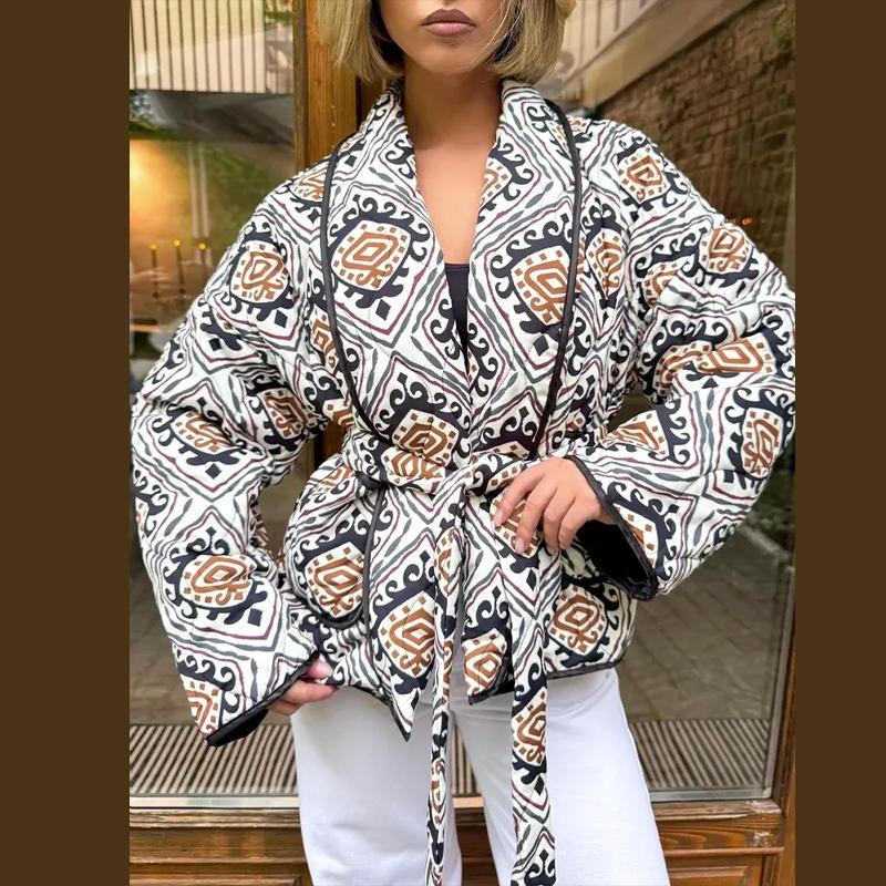 Printed Lace Up Cotton Jacket Lapel Cardigan Thick Warm Women's Oversize Coat Retro Ethnic Style Autumn/Winter 2025