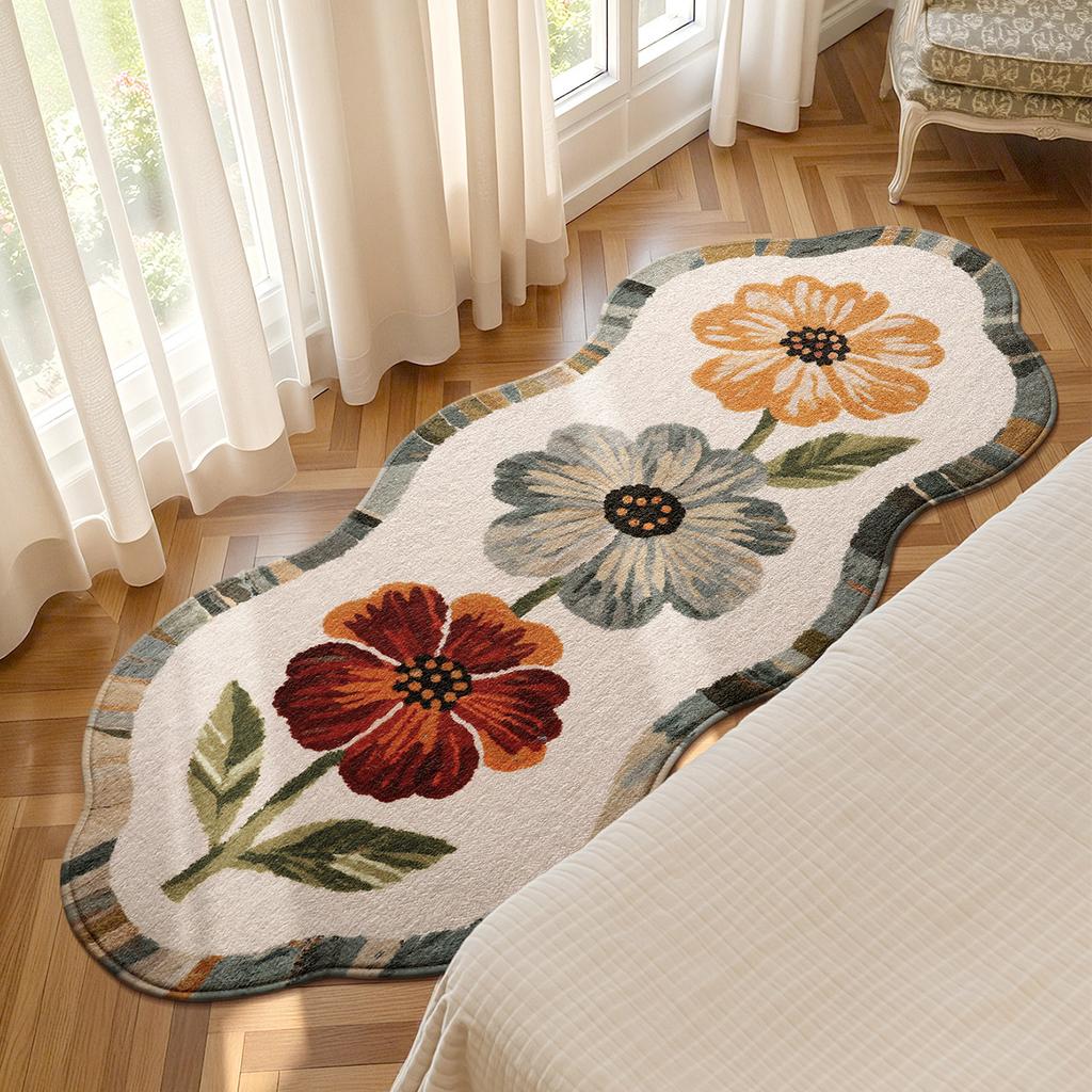 Soft Fluffy Runner Mat Polyester Floral Mat with Red & White Flowers, Beige Bedside Hallway Mat for Bedroom Living Room Home Decor