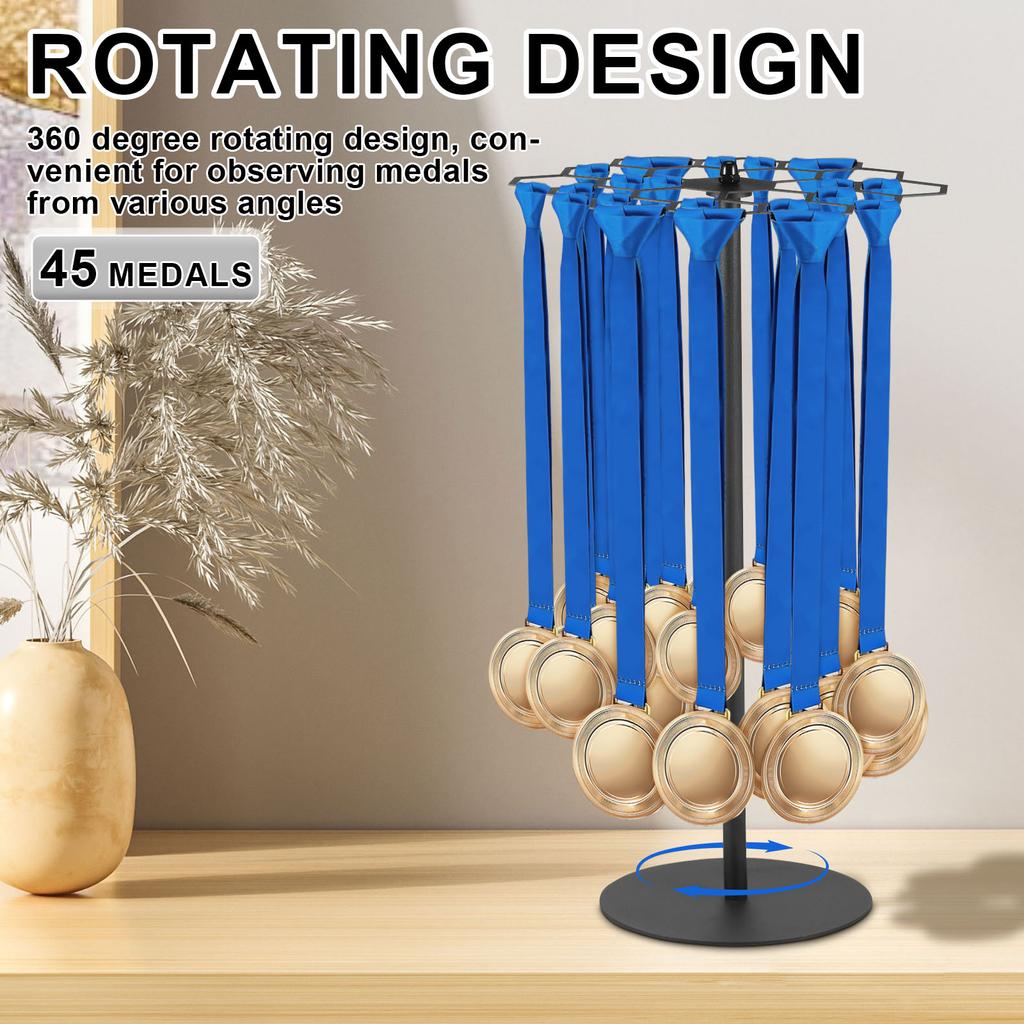 Tabletop Medal Display Stand Metal 360°Rotatable Medal Hanger for Basketball Running Sports Race, 40+ Medals Storage Racks