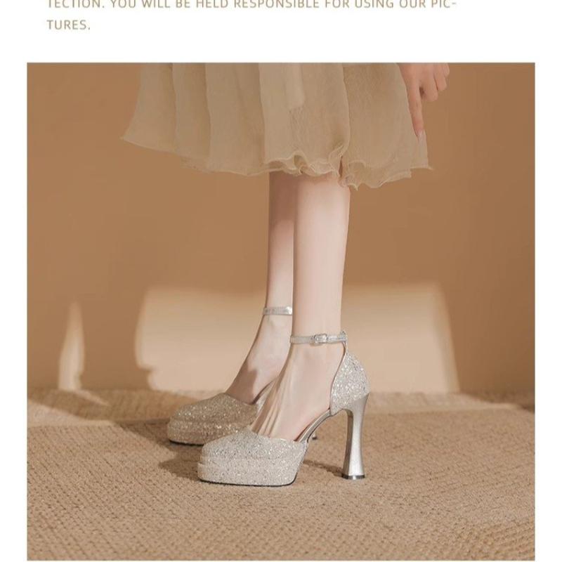 Fashion Sequins Fashion Women's Shoes 2025 Summer New High Heeled Sandals Large Size Women's Shoes Gold Silver