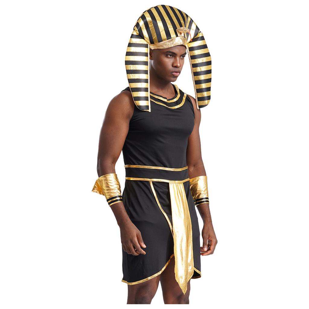 Mens Egyptian Pharaoh Costume Sleeveless Contrast Color Zipper Dress with Hat