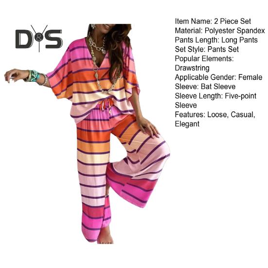 Женский комплект из 2 предметов: топ с рукавами «летучая мышь» и V-образным вырезом, завязывающиеся на шнурок широкие брюки, свободный повседневный спортивный костюм для отдыха