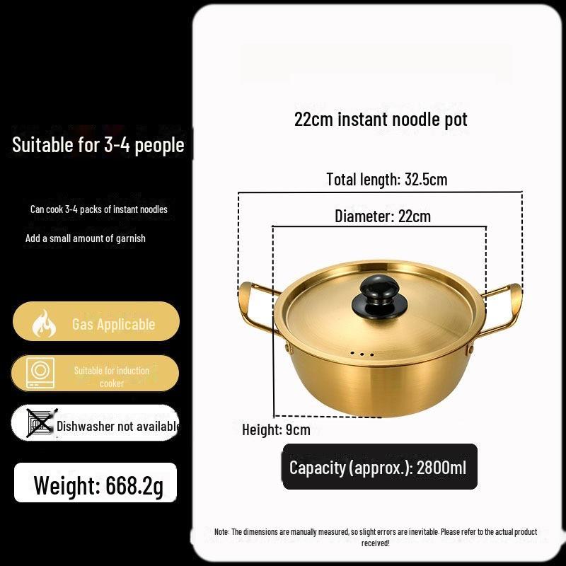 Золотистая корейская кастрюля для рамэна из нержавеющей стали с крышкой — двойные ушки, утолщенная, идеально подходит для лапши, супа или небольших горячих блюд.