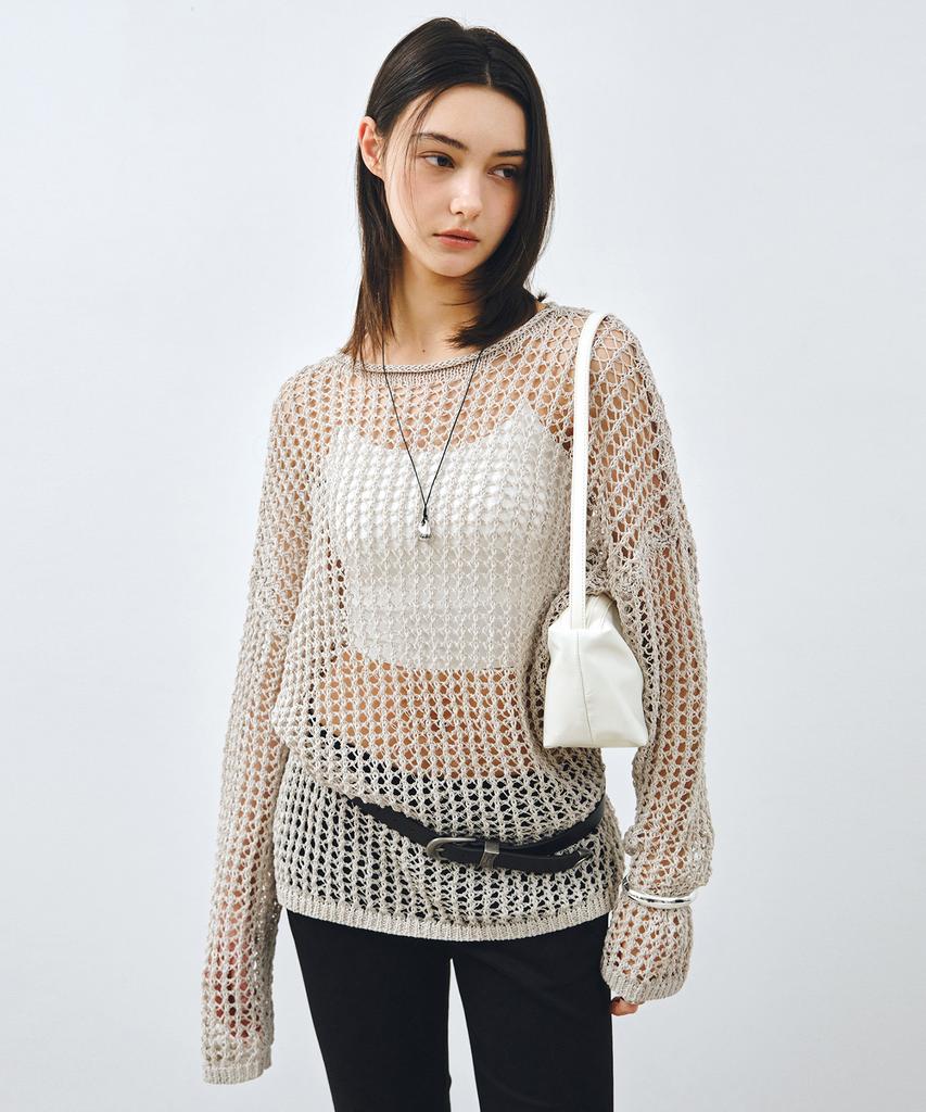MONGDOL Paper Net See-Through Knit Top Gray Mdkt126Gray