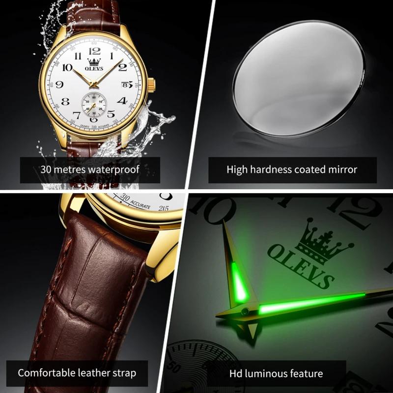 OLEVS Мужские часы кварцевые часы для мужчин кожаный ремешок роскошные деловые наручные часы дата водонепроницаемые арабские цифры маркеры