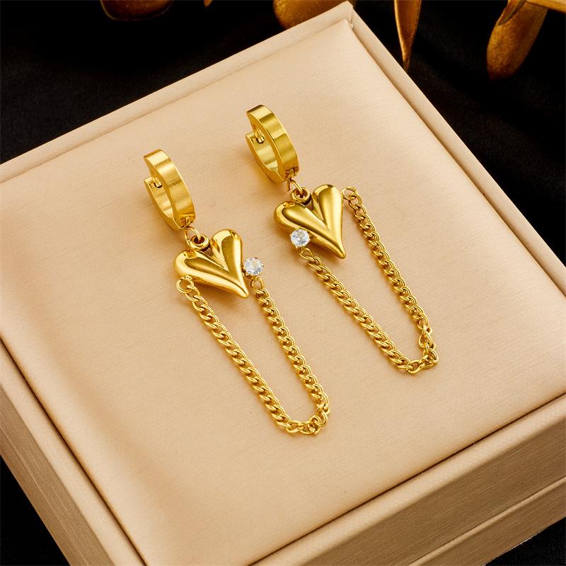 Gold Plated 3D Heart Chain Tassel Drop Earrings with Cubic Zirconia for Women Stainless Steel