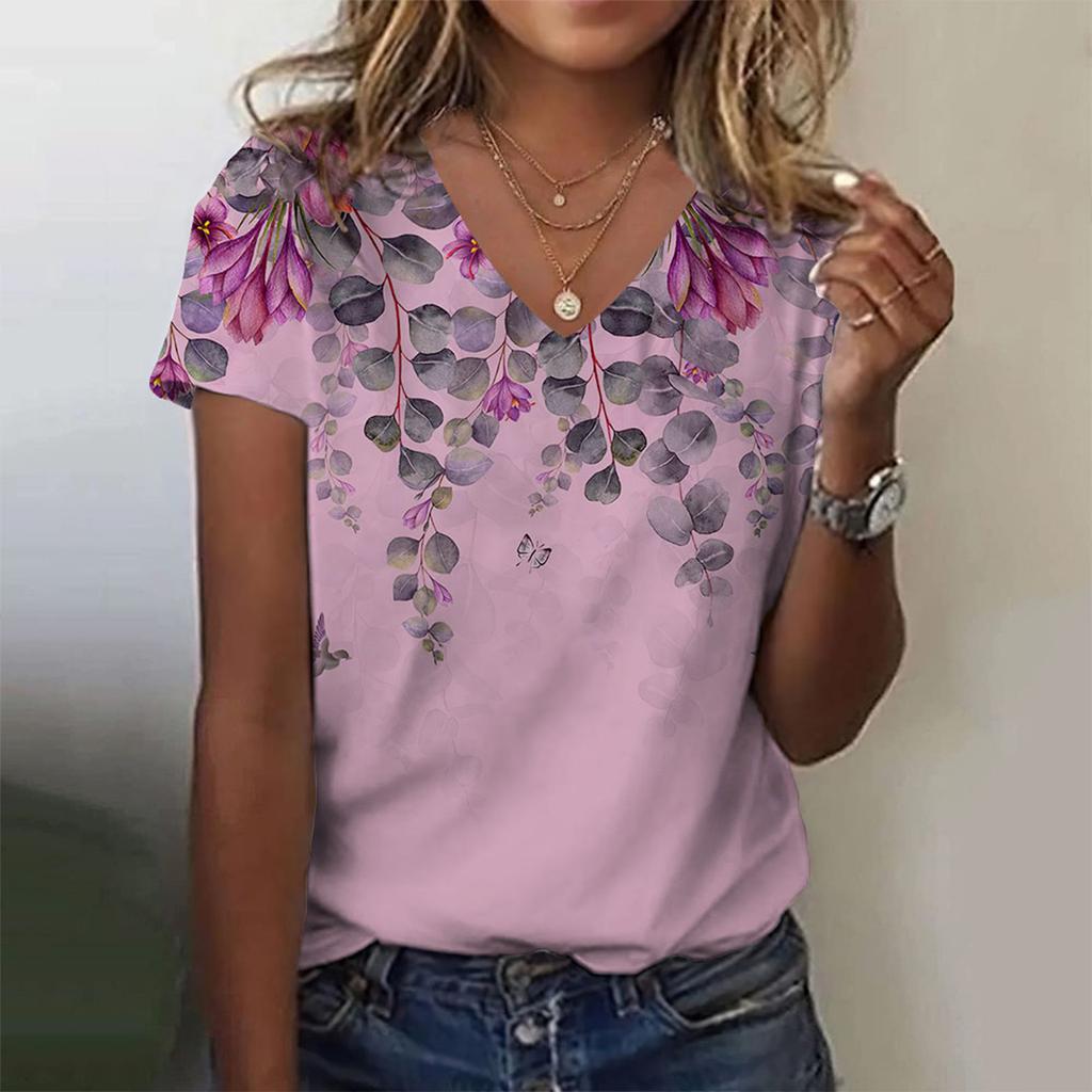 Женская модная повседневная блузка с v-образным вырезом и коротким рукавом с принтом