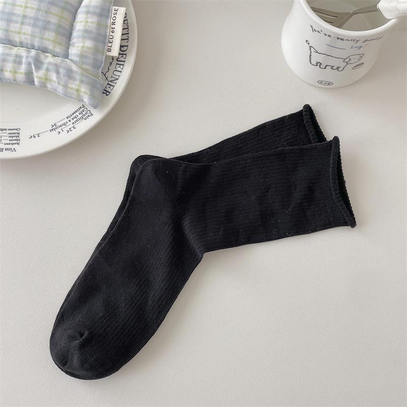 Anti-Pilling Boneless Solid Color Curled Edge Vertical Striped Confinement Socks Thin Breathable Cotton Loose Mouth Mid-Tube Stacked Socks