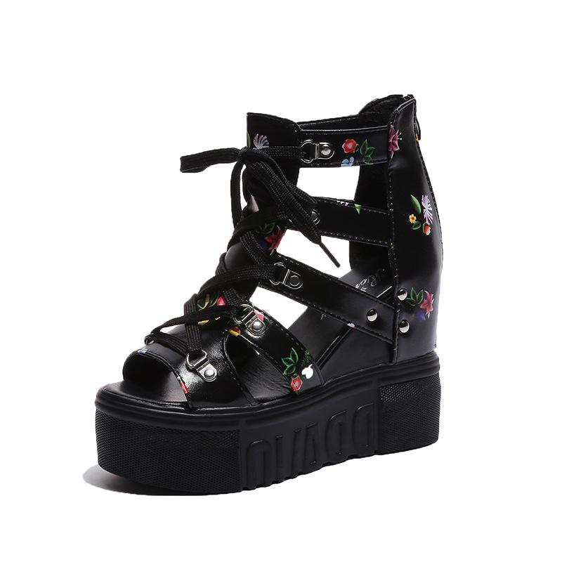 Женские босоножки-клинья с открытым носком - Высокий каблук 11 см, Дышащая сетка, Толстая подошва, Римский стиль