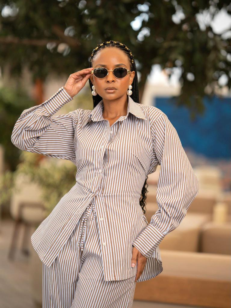 African women's clothing suit fashionable lapel strap waist thin striped shirt trousers European and American casual two-piece suit women