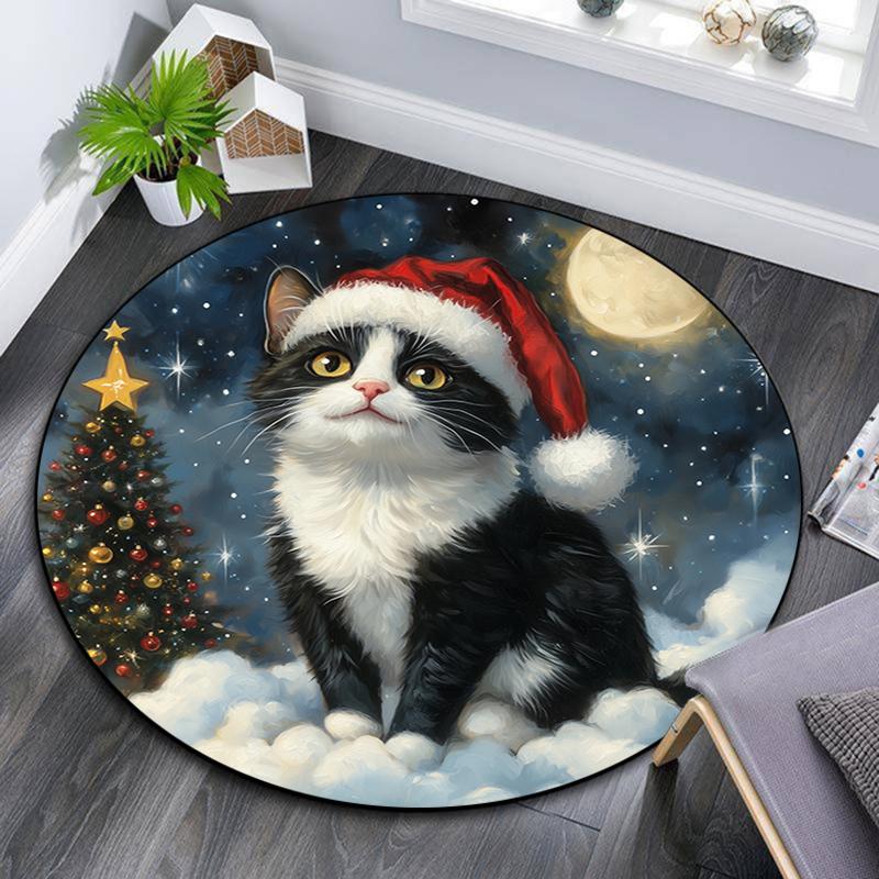 Christmas cat pattern round rug,Carpet Rug for Living Room Bedroom Playroom ,Non-slip Floor Mat,Holiday Gifts and Birthday Gifts.