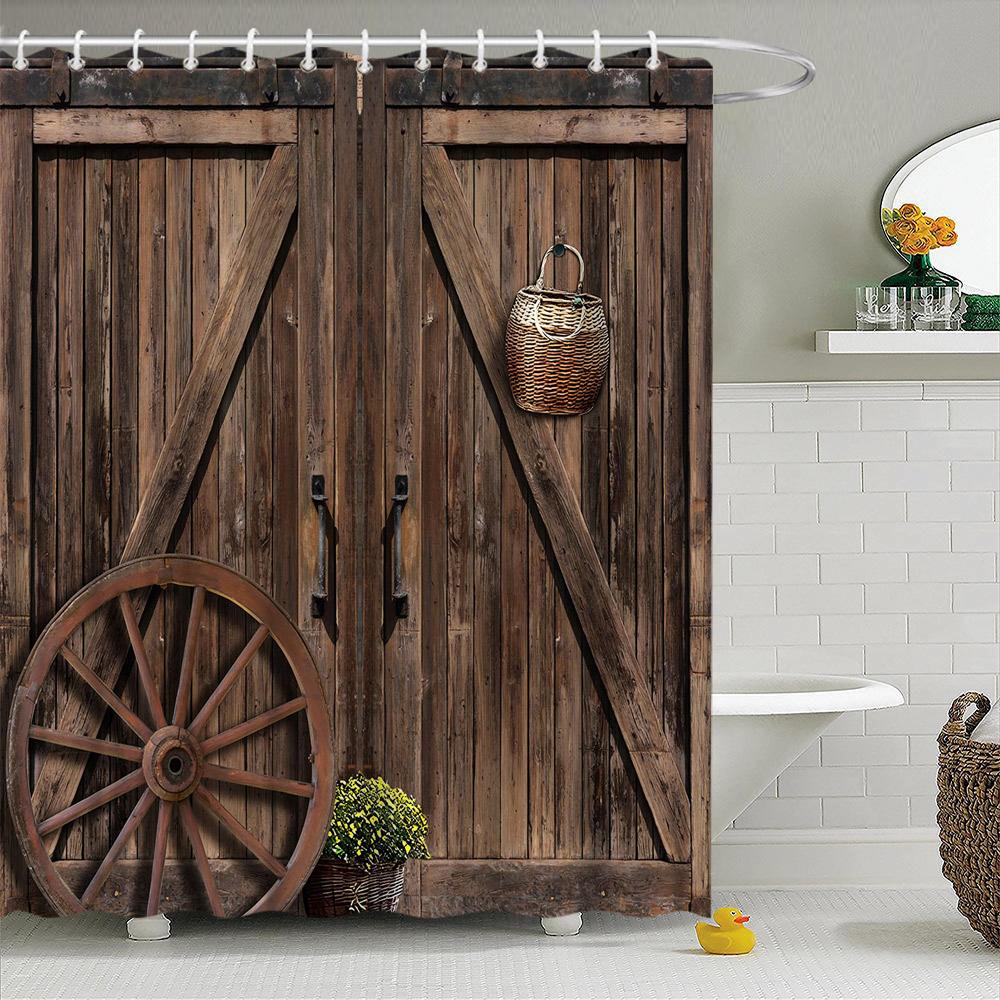 Ретро Деревянные Двери Набор Занавески для Душа Рустик Старый Винтажный Амбарная дверь Тканевые Занавески для Ванной Комнаты Фермерский Дом Декор для Ванной Экраны для Ванной Крючок