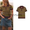 Spring and Summer New Women's Clothing French Style Decorated Row Button Stripes Knitting Polo Shirt Collar Short Sleeve Tops 9598032