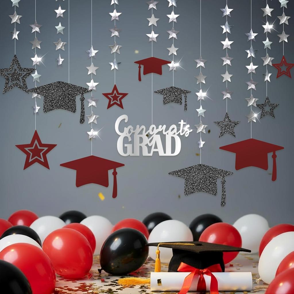 Cheerland 2026 Burgundy Graduation Decorations Black and Maroon Graudation Garland Congrats Grad Banner Cap Grad Party Decor Prom Decoration Silver