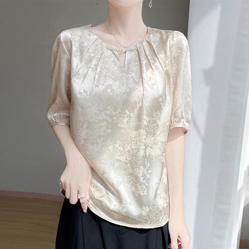 Summer New Style Chinese-style Round-neck Five-quarter Sleeve T-shirt for Women with Jacquard Pearl Base Shirt
