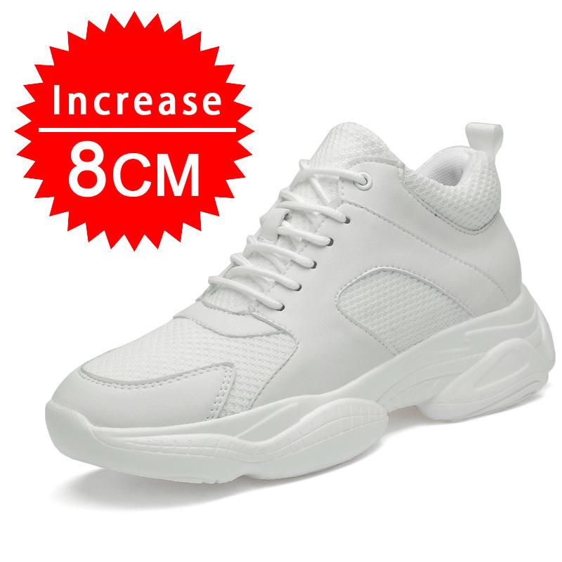 Men Mesh+Leather Elevator Sneakers 8cm Insole Height Increased Shoes Teenager Unisex Hidden Heels Inner Heightening Lift Sports
