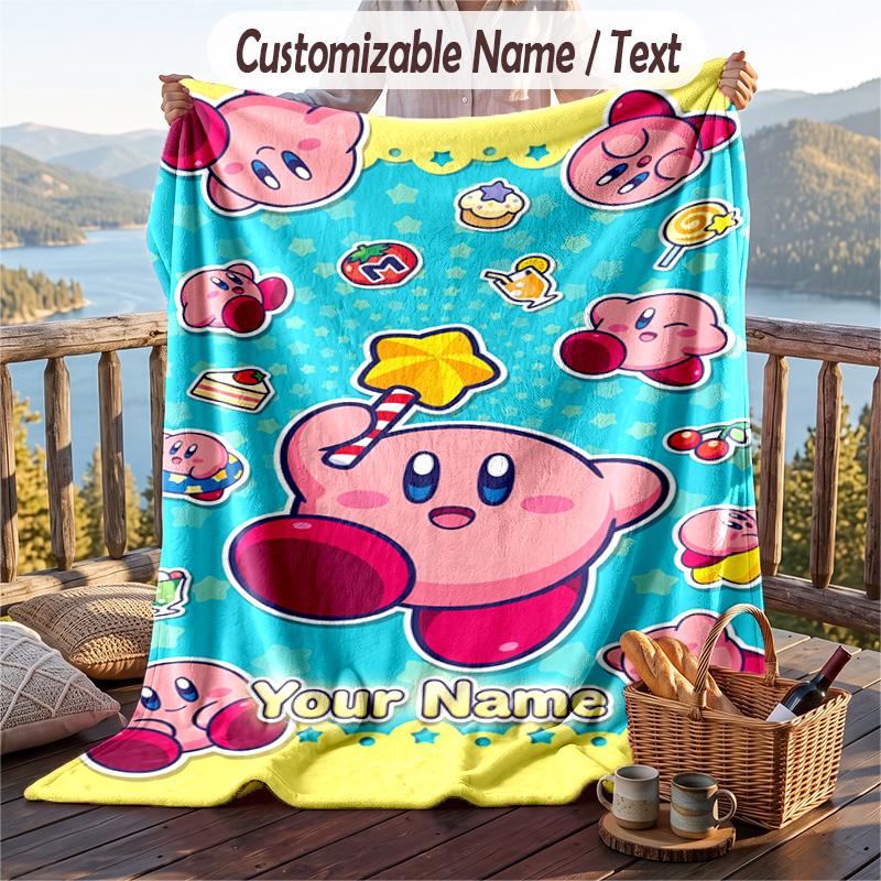 Kirby Flannel Blanket, Personalized Custom Name Text, Soft Warm Plush Throw Blanket For Gift