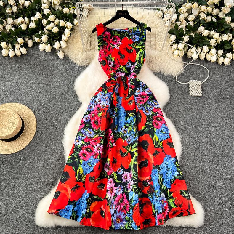 Женское платье-майка с цветочным принтом, элегантное модное летнее платье трапециевидной формы с круглым вырезом без рукавов и высокой талией, вечернее платье-майка для взлетно-посадочной полосы